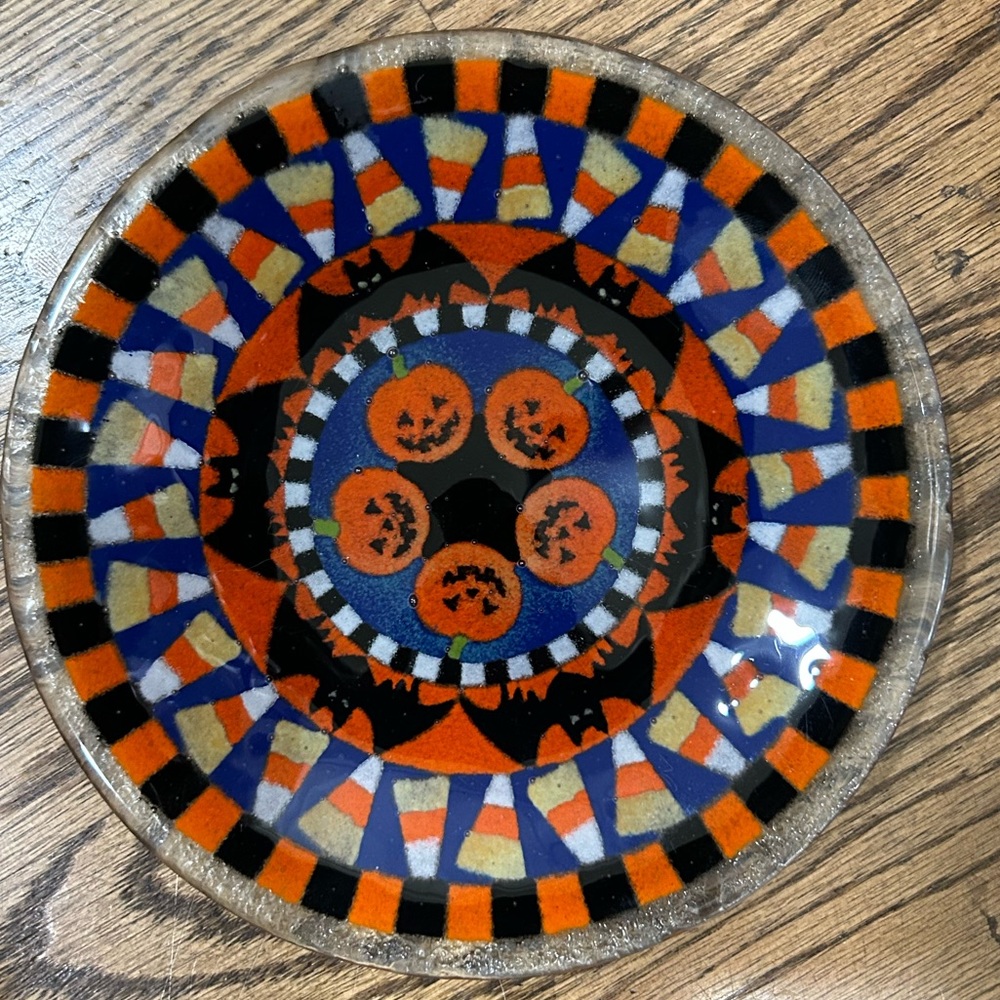 (Host Pick) Peggy Karr Glass 8” Round In Halloween Design Serving Platter